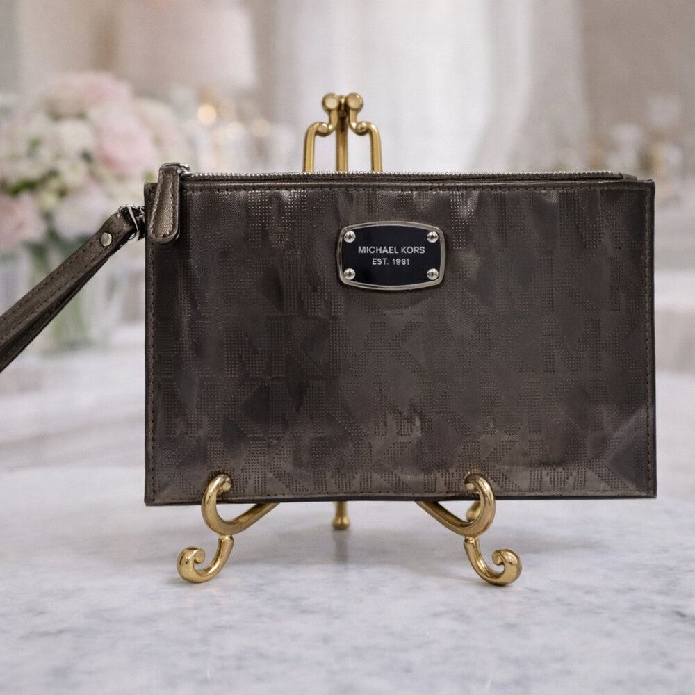 Michael Kors Metallic Wristlet Clutch – MK Logo Print | Designer Wallet